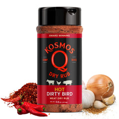 Kosmos Q Hot Dirty Bird bottle label, bold smoky blend for grilling