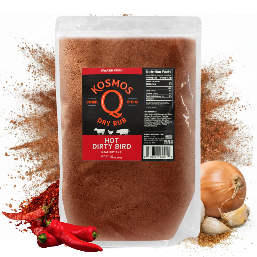 Kosmos Q Hot Dirty Bird dry rub bottle for bold smoked flavor and heat.