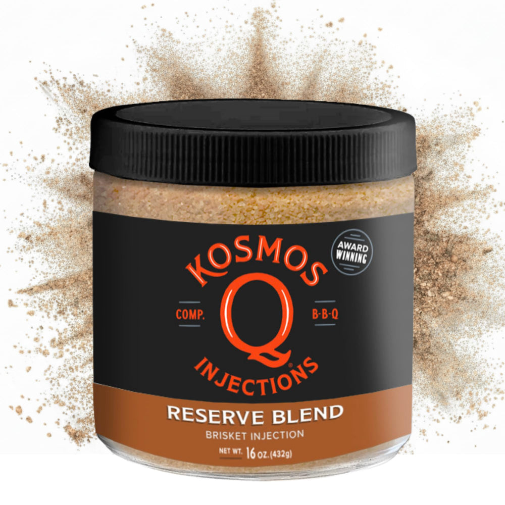 Kosmos Q Reserve Blend Brisket Injection bottle ready for moisture retention during smoking.