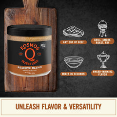 Kosmos Q Reserve Blend Brisket Injection label visible on jar.