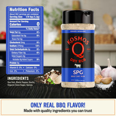 Kosmos Q SPG BBQ Dry Rub ingredients panel with sea salt, garlic, pepper, cane sugar.