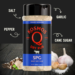 Kosmos Q SPG BBQ Dry Rub shaker pouring for even coating.
