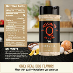Kosmos Q Texas Beef Rub shaker dispensing seasoning for even coverage.