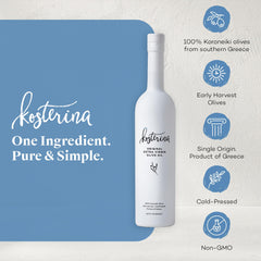 Kosterina Original Olive Oil bottle closeup highlights bold flavor.