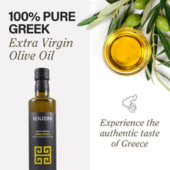 Kouzini olive oil pour shot highlighting smooth flow for dressings.