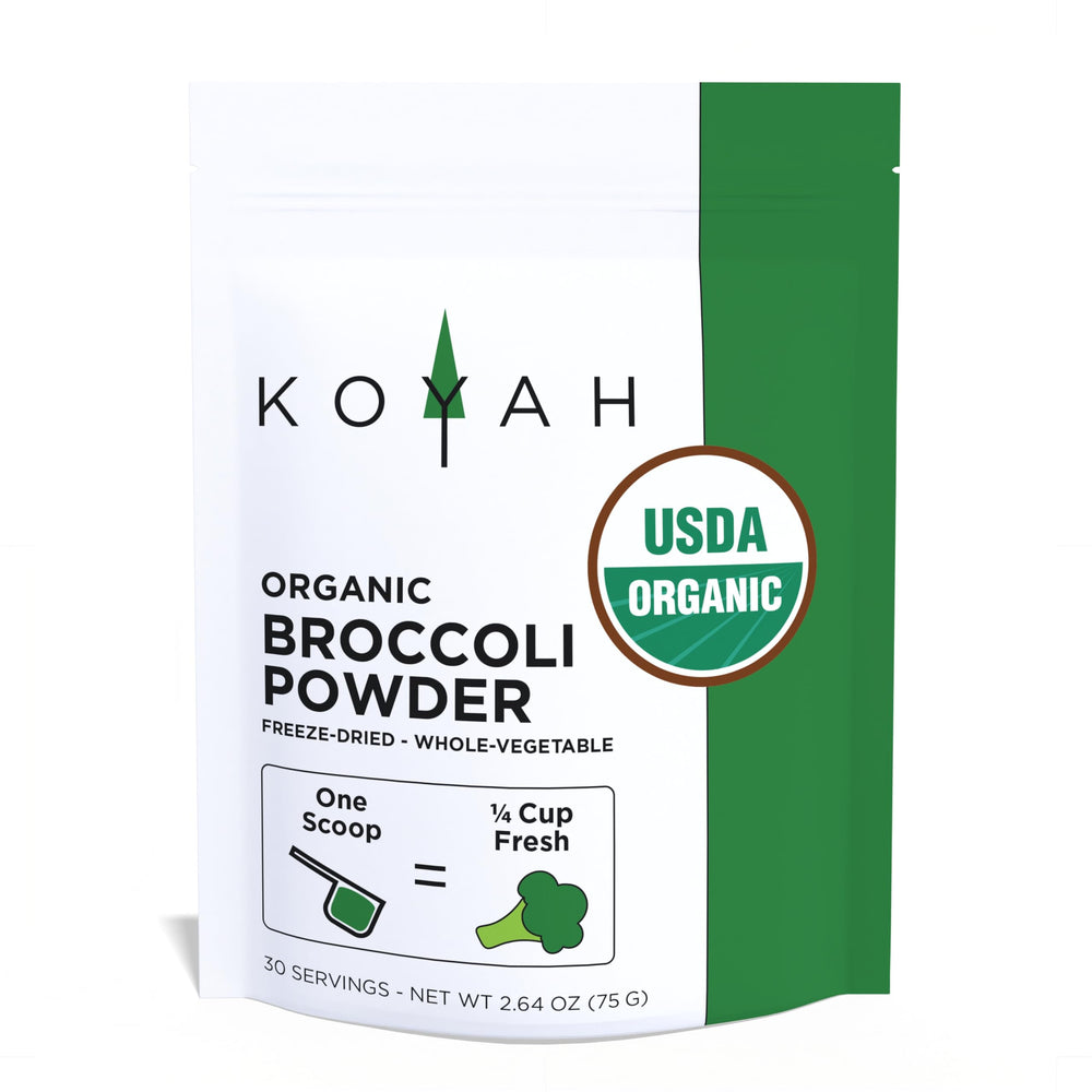 KOYAH Organic broccoli powder bottle with scoop for easy greens.