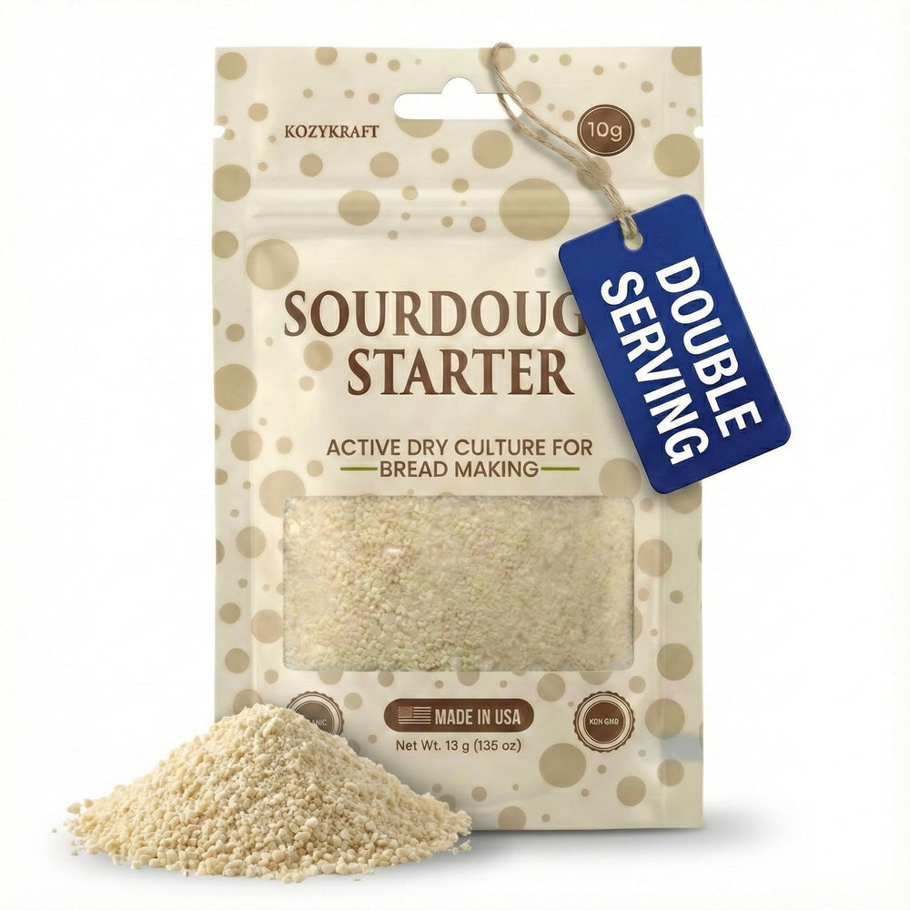 Kozy Kraft sourdough starter activation showing bubbling culture for quick bake prep.