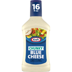 Kraft Chunky Blue Cheese Dressing bottle being poured over a salad