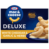 Kraft Deluxe Mac and Cheese box showing white cheddar flavor for quick family meals