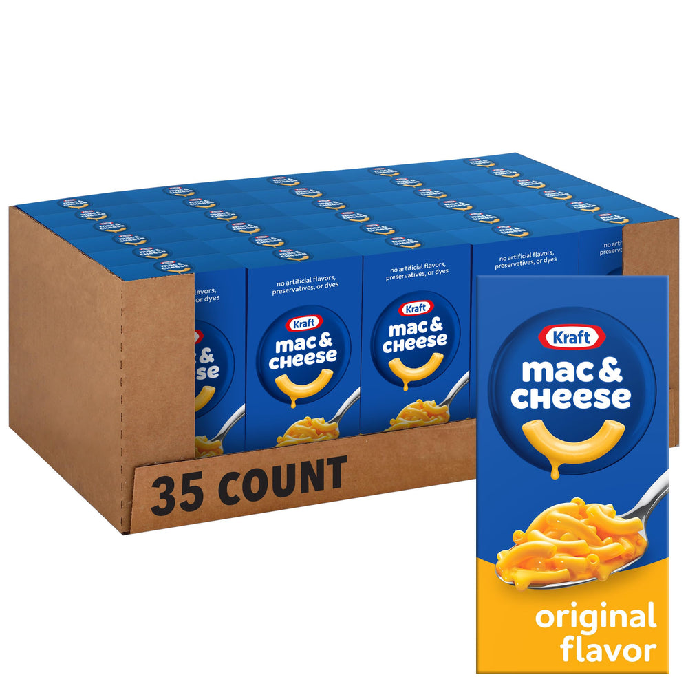 Kraft Mac and Cheese 35-box pack on shelf for quick family dinners.