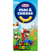 Kraft Mac & Cheese box with Super Mario Power-Up shapes for quick family meals.