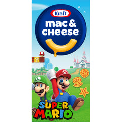 Kraft Mac & Cheese box with Super Mario Power-Up shapes for quick family meals.