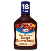 Kraft Sweet Brown Sugar BBQ Sauce bottle on shelf, rich, versatile for grilling.