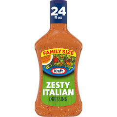 Kraft Zesty Italian Dressing bottle front shows family-size 24 oz convenience for meals