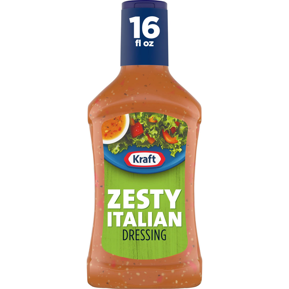 Kraft Zesty Italian Dressing bottle front, ready to dress salads