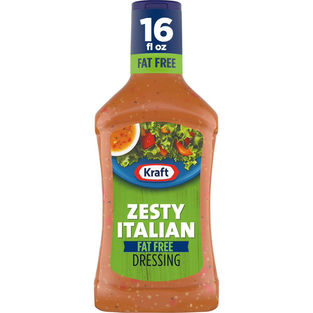 Kraft Zesty Italian Fat Free dressing label on a 16 oz bottle for salads.