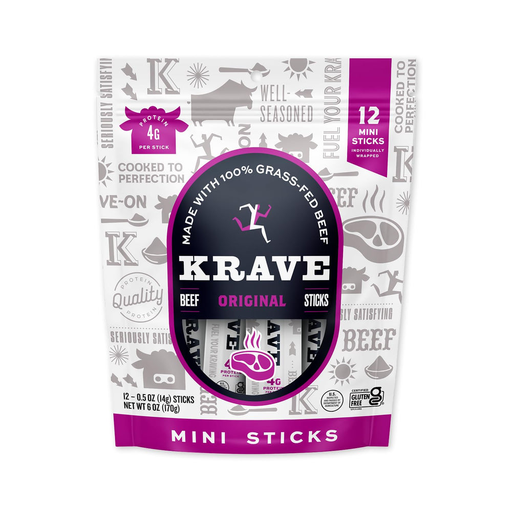 KRAVE Meat Sticks Minis Original Beef pack of 12, high-protein, low-calorie snack.