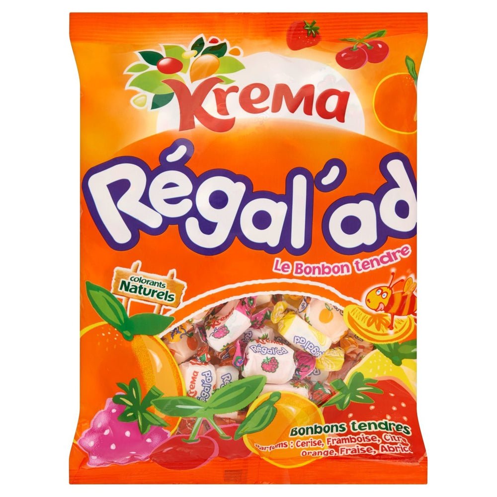 Krema Regal'ad orange flavor chewy candy, a convenient anytime fruit-flavored treat.
