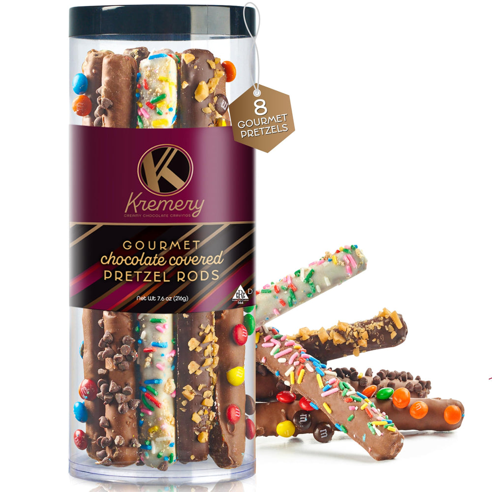 KREMERY pretzel rods in a clear tube, ideal for gifting