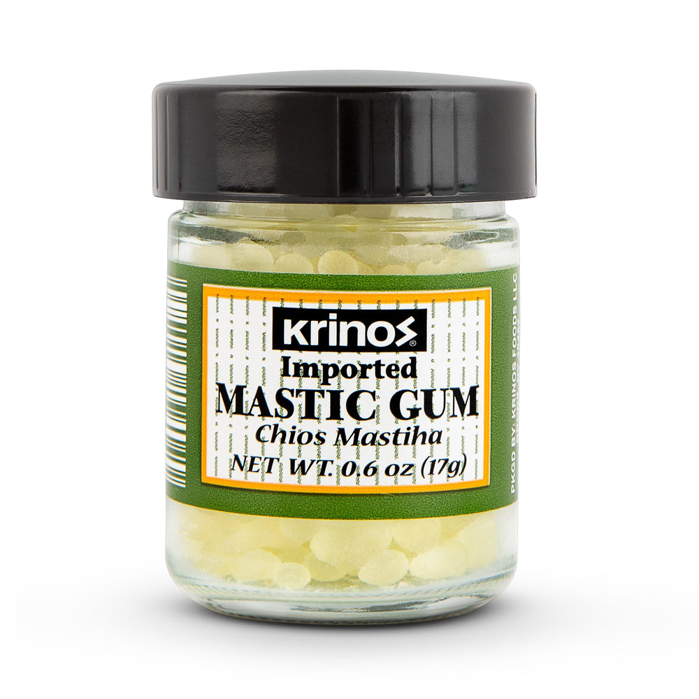 Krinos Greek Mastic Gum bottle shows authentic Chios flavor in a PDO-certified package.
