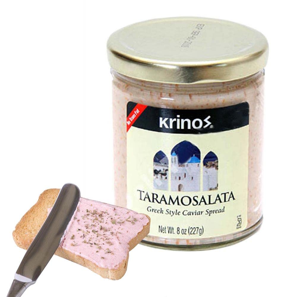 Krinos Taramosalata jar front view, creamy caviar spread ready for mezze.