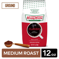 Krispy Kreme Classic ground coffee packaging highlights premium medium roast