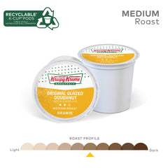 Krispy Kreme Original Glazed coffee pods close-up showing medium roast flavor.