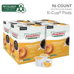 Krispy Kreme Original Glazed coffee pods packaging highlights recyclable K-Cup pods.