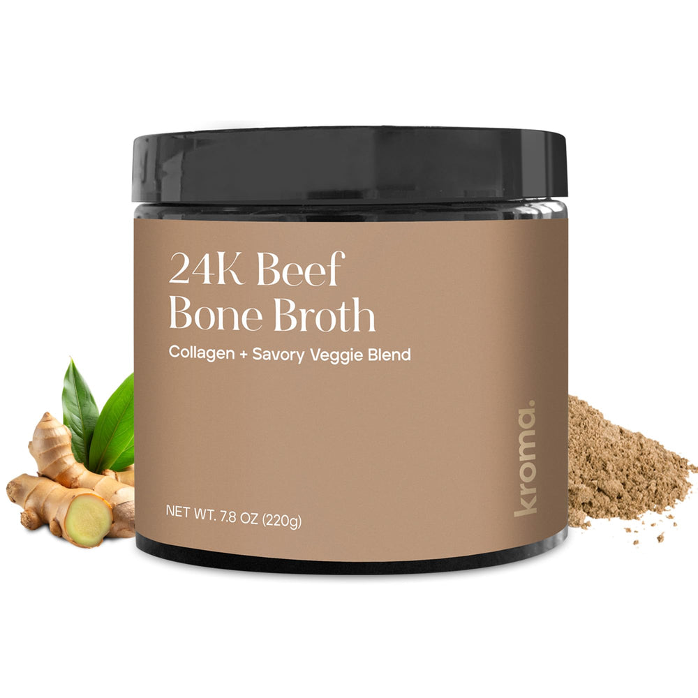 KROMA 24K Beef Bone Broth Powder bottle offering protein-rich daily nourishment