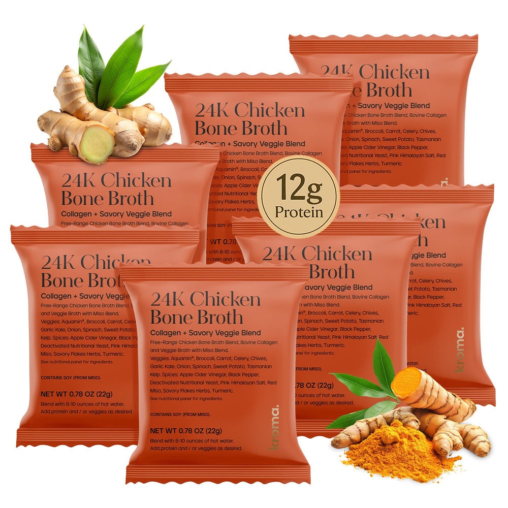 KROMA 24K chicken bone broth powder 7-pack front view for convenient daily use