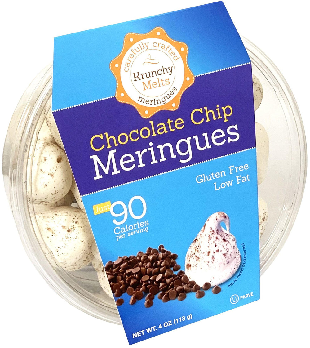 Krunchy Melts Original Meringue Cookies chocolate chip front view, light and satisfying.