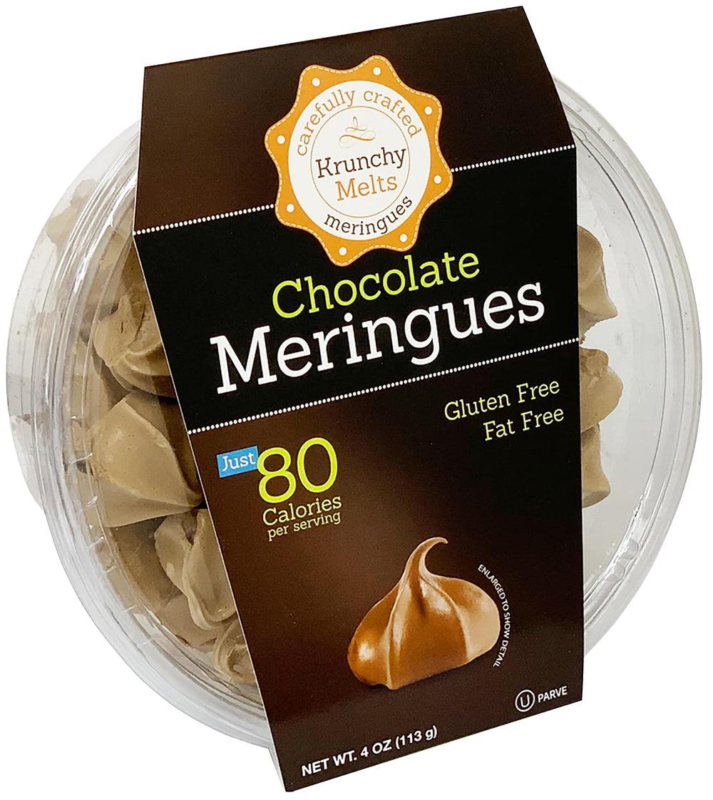 Krunchy Melts Original Meringue Cookies close-up showing crisp chocolate texture.