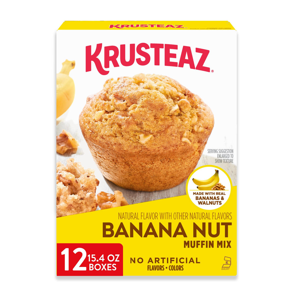 Krusteaz Banana Nut Muffin Mix box shows real bananas and walnuts, ideal for quick breakfasts.
