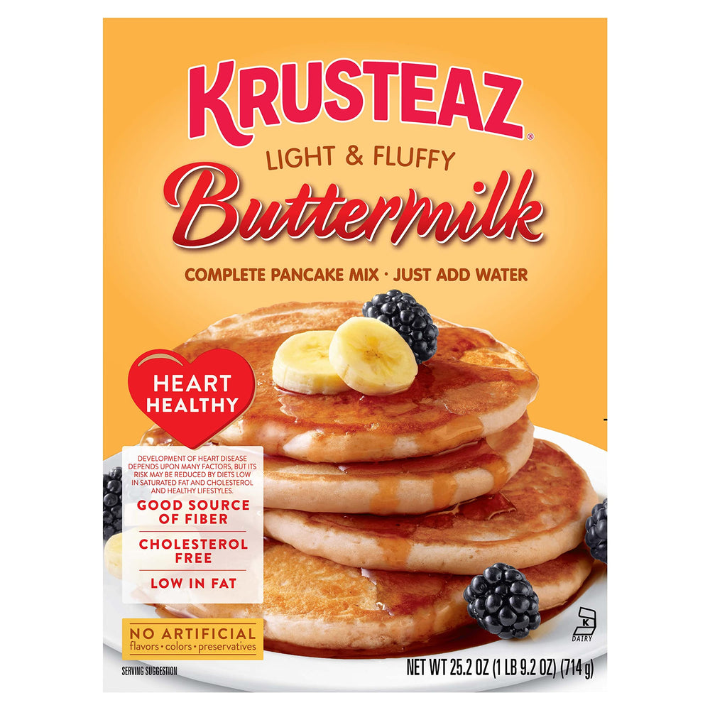 Krusteaz Heart Healthy Pancake pour-batter on a hot griddle for fluffy results