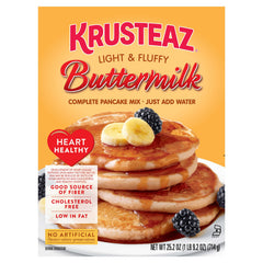 Krusteaz Heart Healthy Pancake pour-batter on a hot griddle for fluffy results
