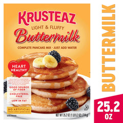 Krusteaz Heart Healthy Pancake whisk-water blend showing simple three-step batter