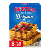 Krusteaz light and crispy Belgian waffle mix boxed in an eight-pack for easy breakfast planning.