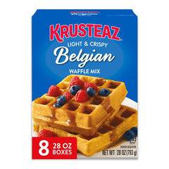 Krusteaz light and crispy Belgian waffle mix boxed in an eight-pack for easy breakfast planning.