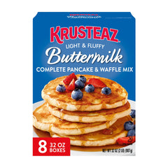 Krusteaz light and fluffy buttermilk pancakes being poured for a quick breakfast.