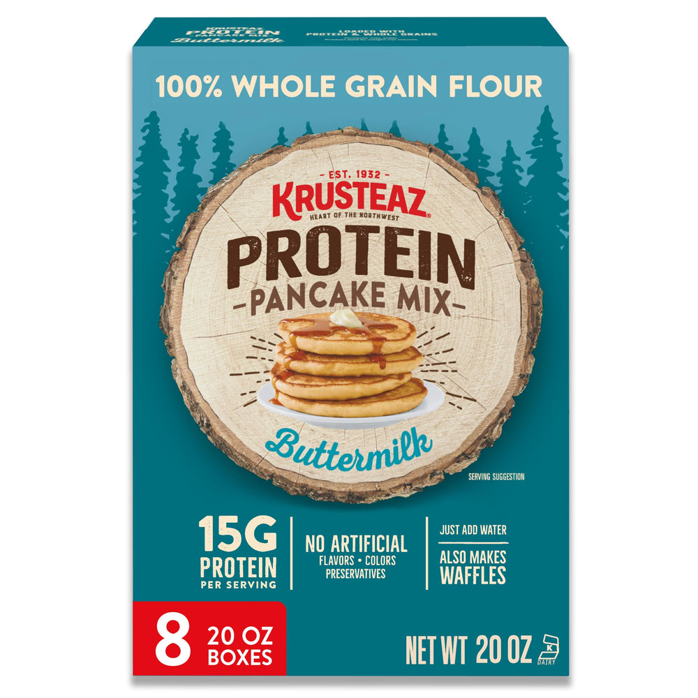 Krusteaz Protein Buttermilk Pancake Mix box front for easy meal planning.