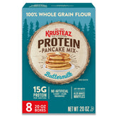 Krusteaz Protein Buttermilk Pancake Mix box front for easy meal planning.