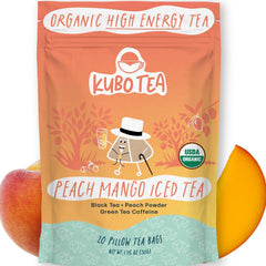 Kubo Tea high caffeine iced tea peach mango bags offer fruity energy for on-the-go days.