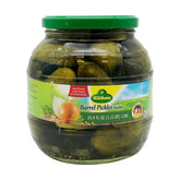 Kühne Gundelsheim Barrel Pickles jar on pantry shelf showing crisp dill flavor for sandwiches.