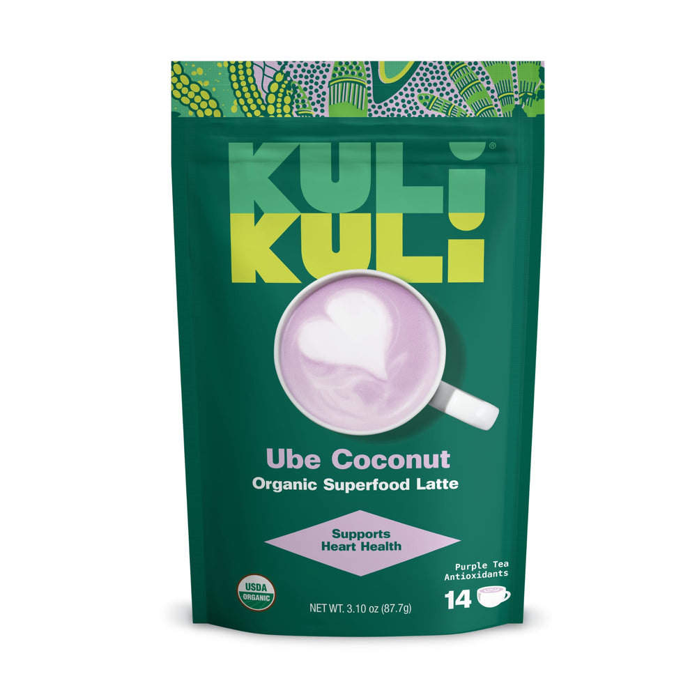 Kuli Kuli Mo Superfood Latte Ube Concentrate jar shows premium ingredients for a rich latte base
