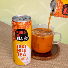 Kung Fu Tea recyclable-aluminum-can emphasizes eco-friendly packaging and recycling.