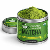 Kyoto Dew Matcha ceremonial tin closeup showing premium powder for daily rituals.