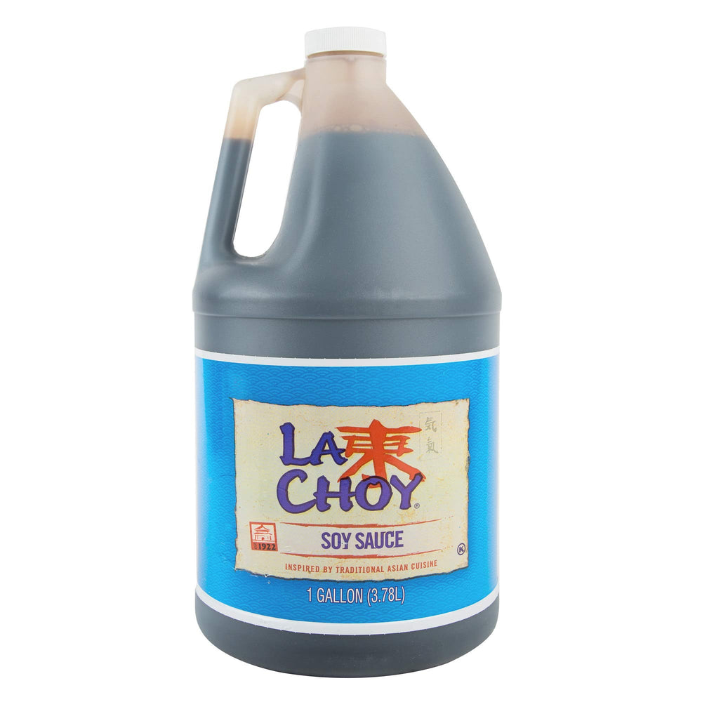 La Choy soy sauce bottle label close-up, ideal for marinades and stir-fries.