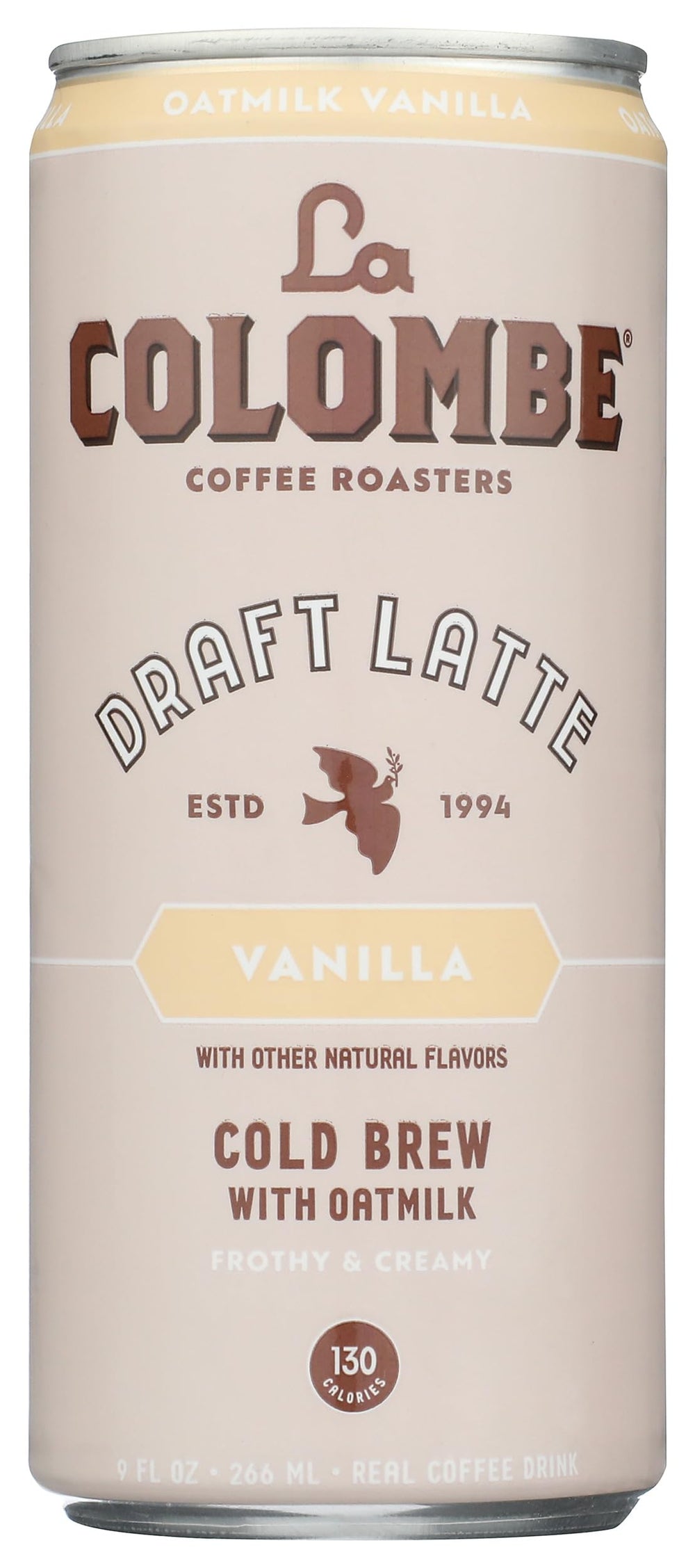 La Colombe Coffee Latte Oatmlk Vnla bottle shows premium, dairy-free latte packaging