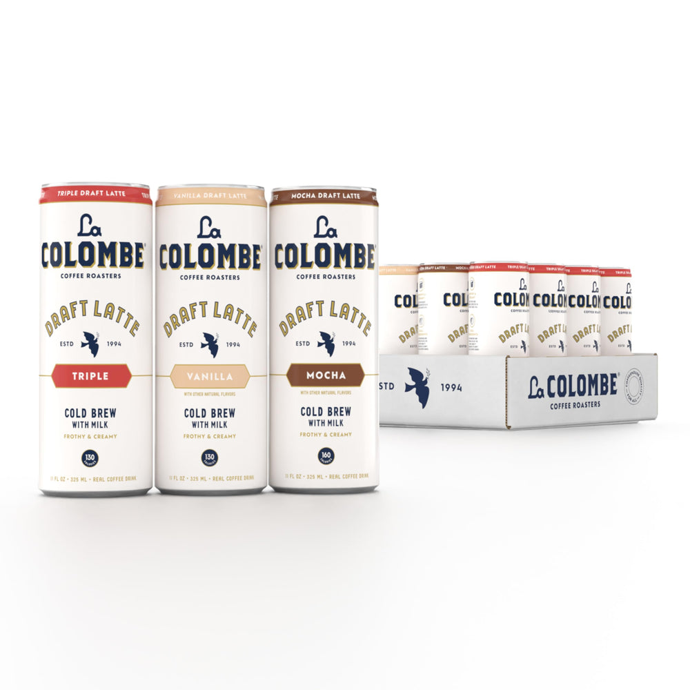 La Colombe Draft Latte pack front shows convenient 12-pack for on-the-go coffee