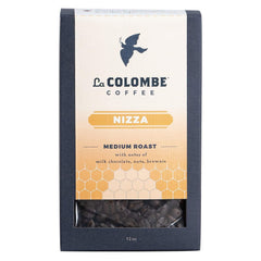 La Colombe Whl Bean Nizza packaging closeup highlights premium quality and freshness.